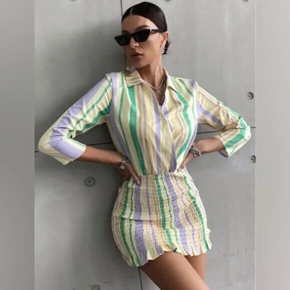 NWT ZARA The Valery Dress Pastel Striped Smocked Mini Dress Blogger Fav Size XL - Picture 2 of 10